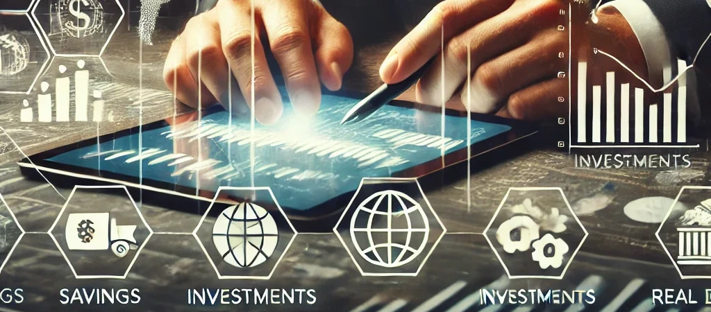 Dall·e 2025 03 18 10.40.32 a conceptual image representing global wealth management. the image features a world map with different financial symbols representing various wealth